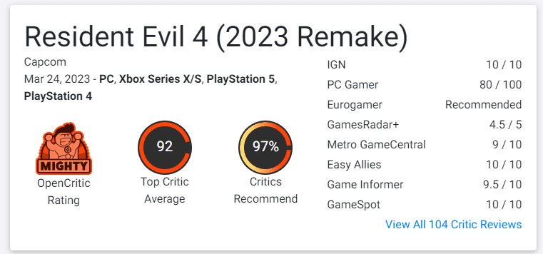 metacritic on X: Resident Evil 4 remake comes out March 24th, and you can  expect reviews late next week:  Any early Metascore  predictions for this one?  / X