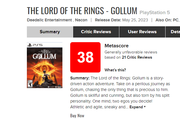 Gollum Metacritic