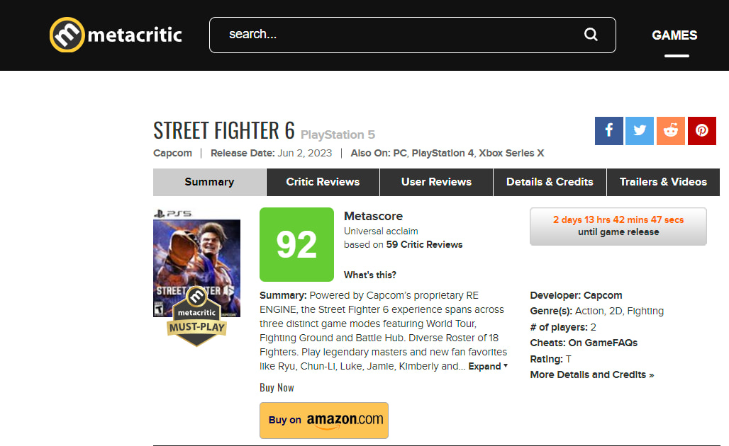 Street Fighter 6 - Ultimate Fighting Game Launches With 92/100 on Metacritic  [UPDATE]