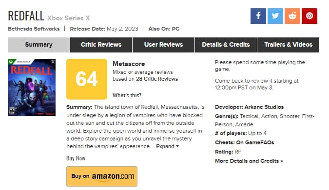 Nota de Redfall no Metacritic é revelada