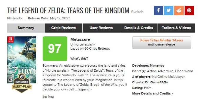 Judging by Tears of the Kingdom's Metacritic score, it's an instant GOTY  contender