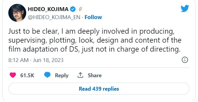 Kojima diz que está envolvido profundamente com filme de Death