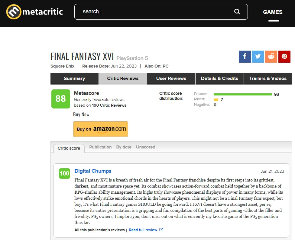 Concorre ao GOTY? Final Fantasy 16 alcança 88 no Metacritic