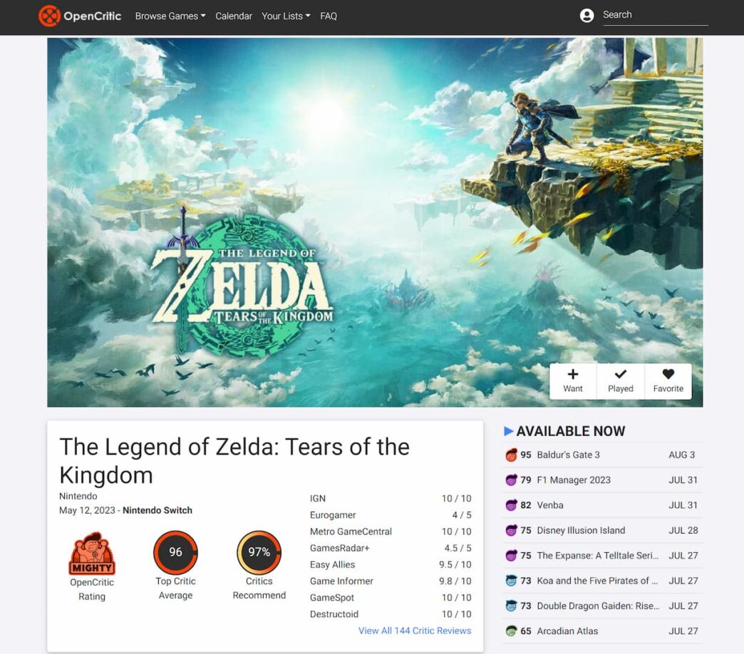Zelda: Tears of the Kingdom já é o jogo mais bem avaliado de 2023 no  Metacritic