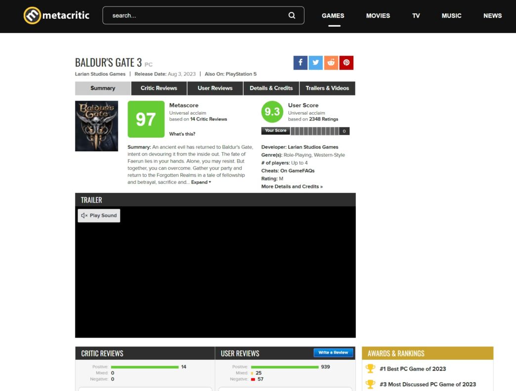 Baldur's Gate 3 é o jogo para PS5 mais bem avaliado no Metacritic