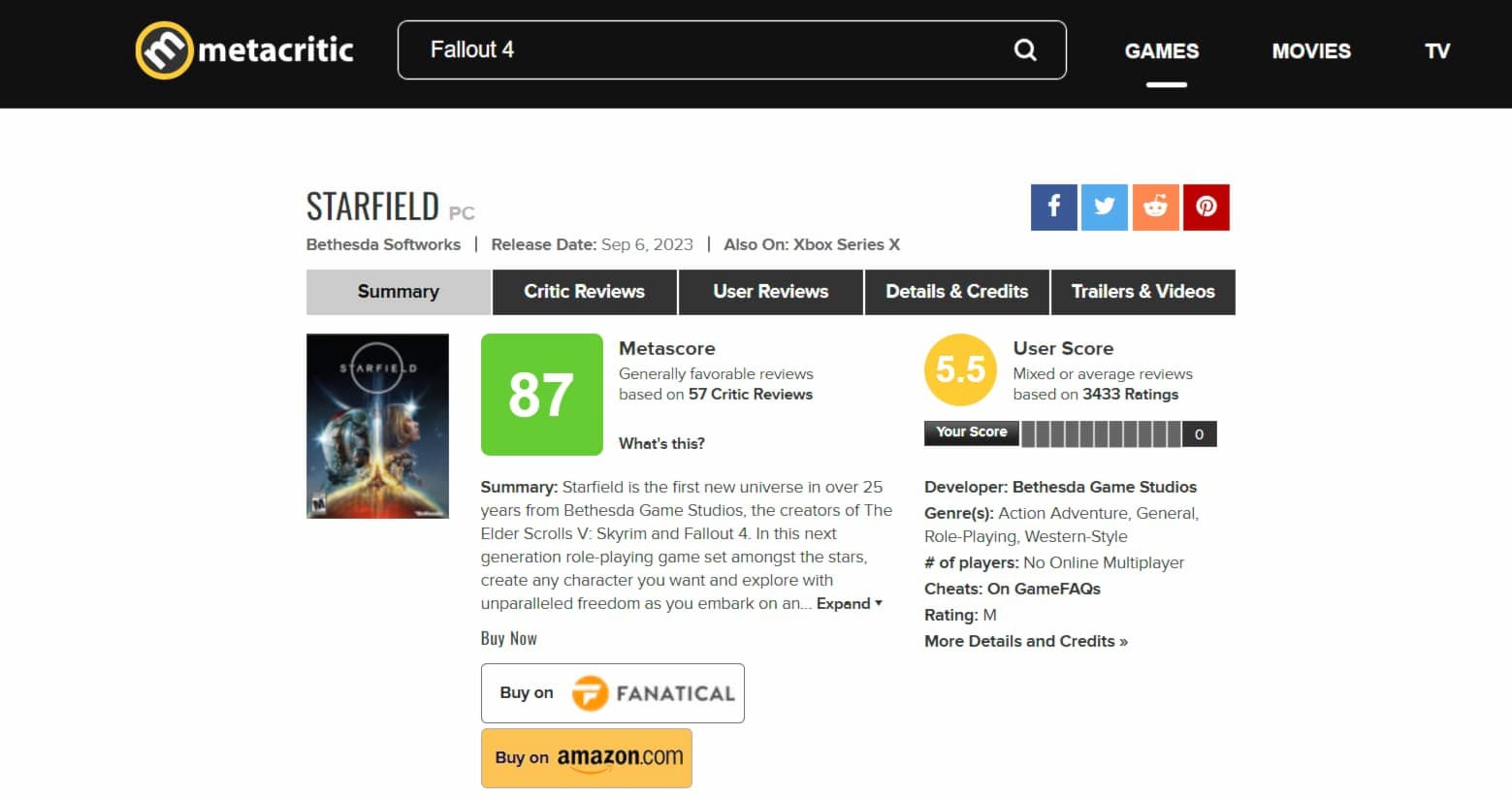 Starfield Metacritic