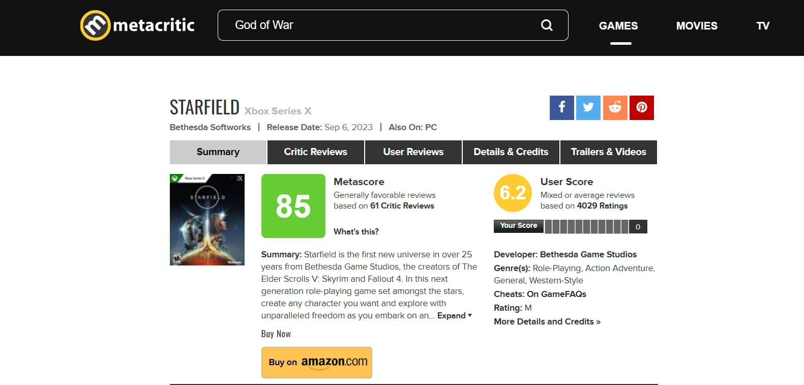 Starfield Metacritic