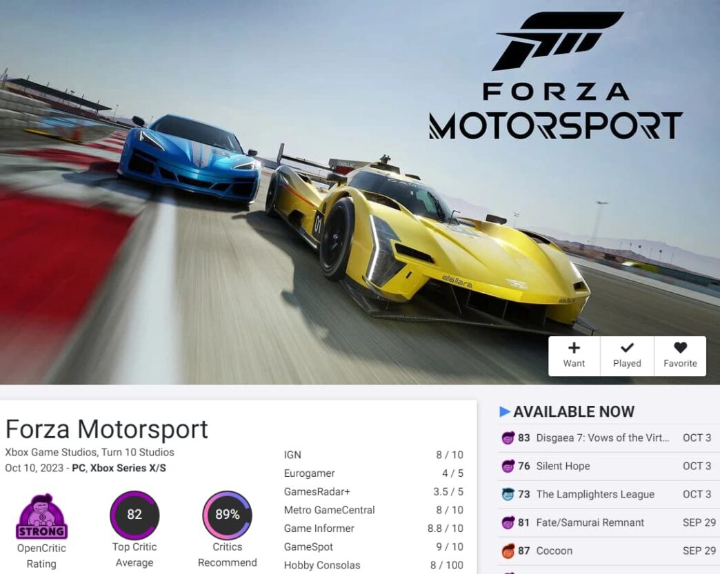 metacritic on X: Forza Motorsport reviews will start going up in