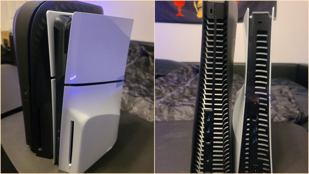 PS5 Slim surge em fotografia ao lado da PS5 e mostra diferença de tamanho