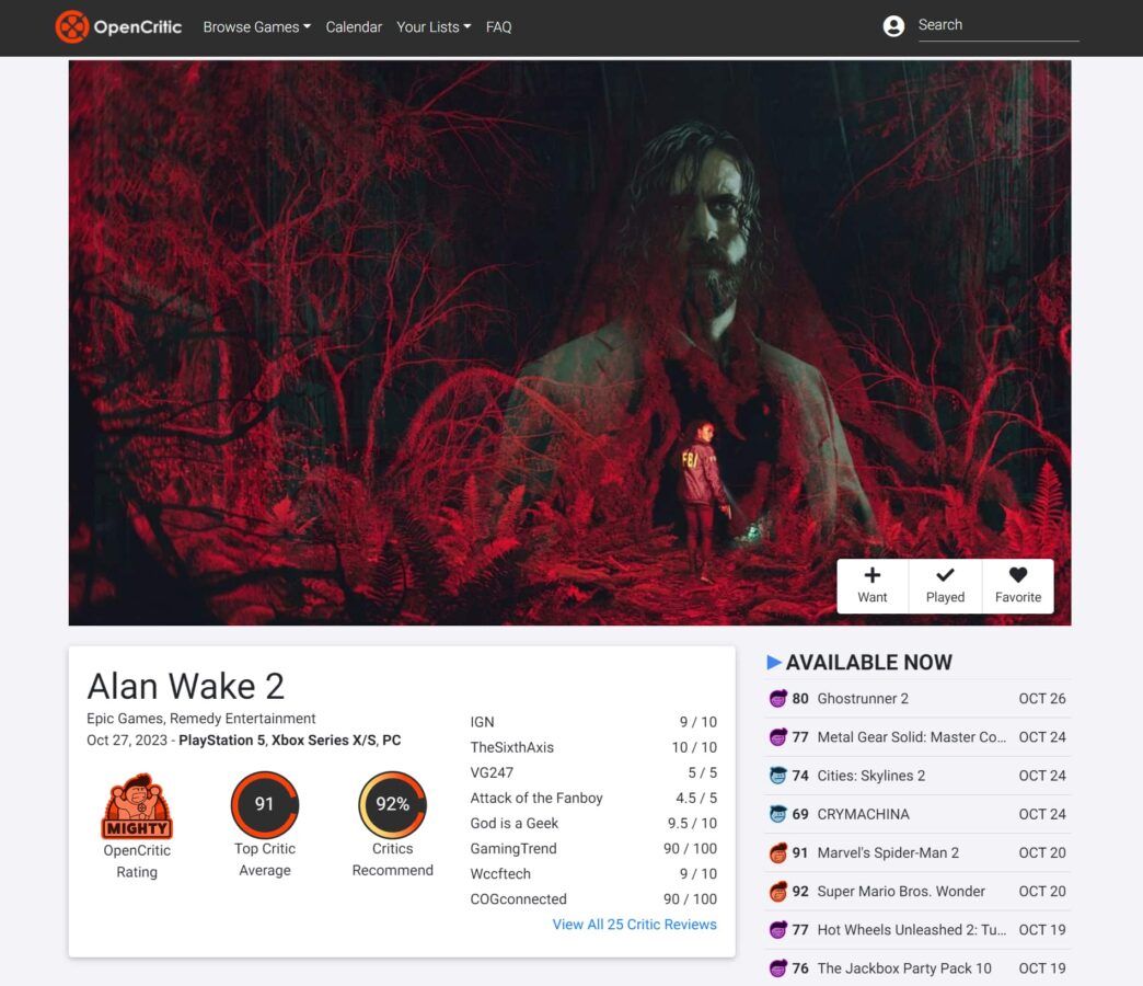 Metacritic revela a nota de Alan Wake 2