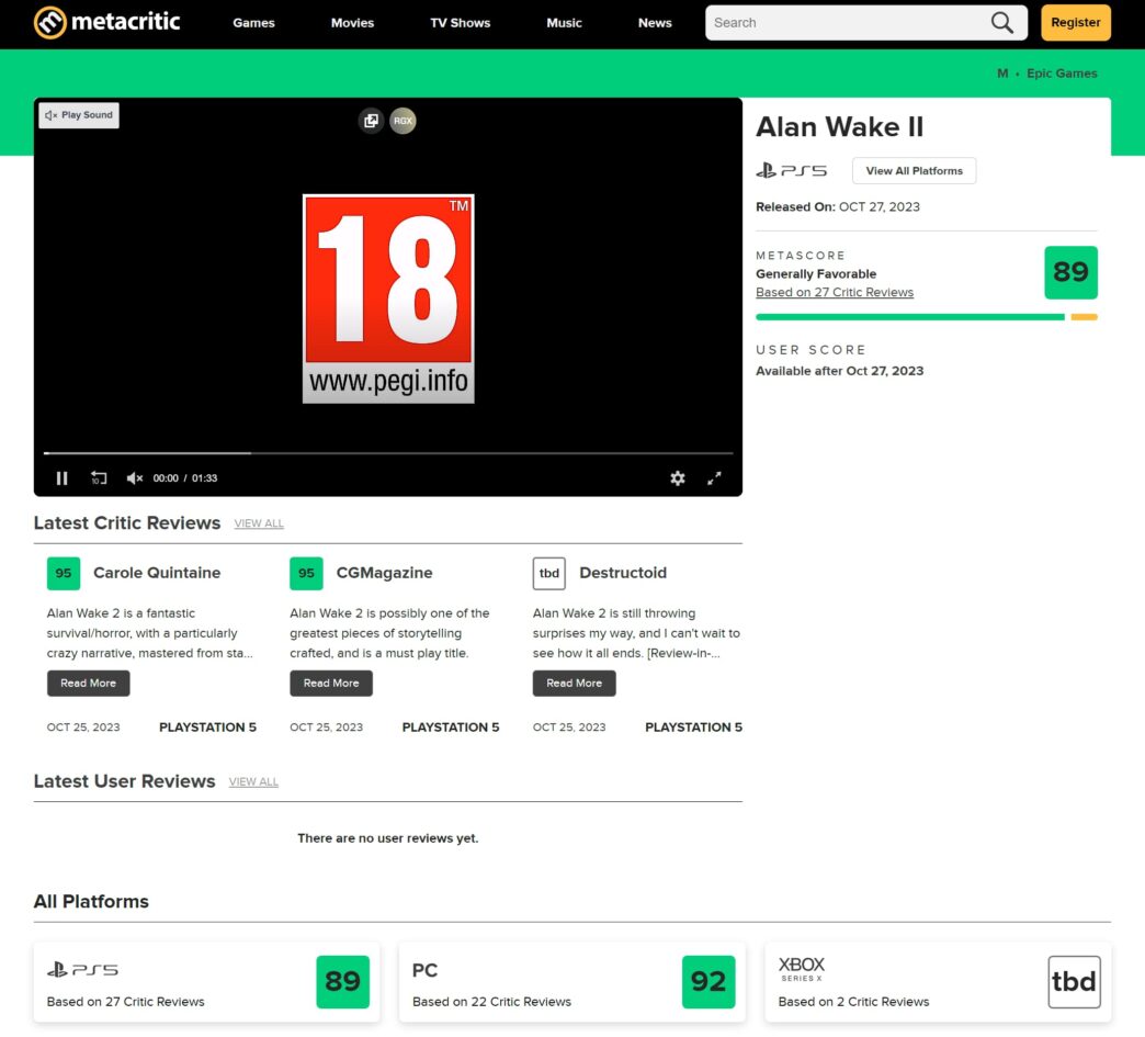 Alan Wake 2: Metacritic Review Scores Looks Amazing! Horror Games