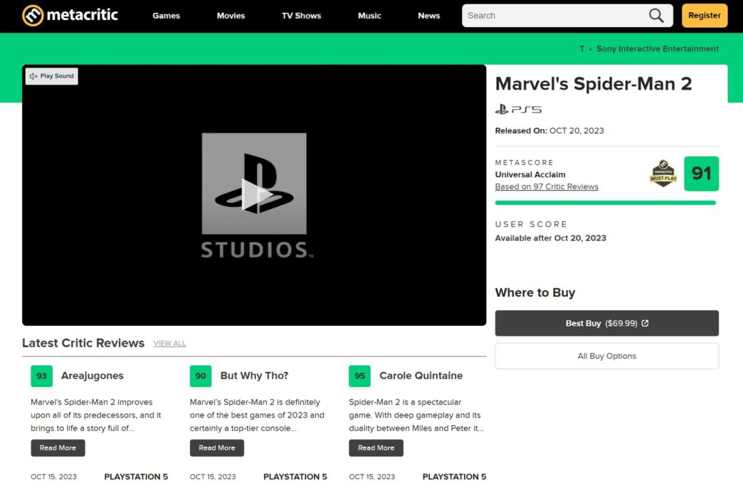 Marvel's Spider-Man 2 larga com nota 91 no Metacritic - NerdBunker