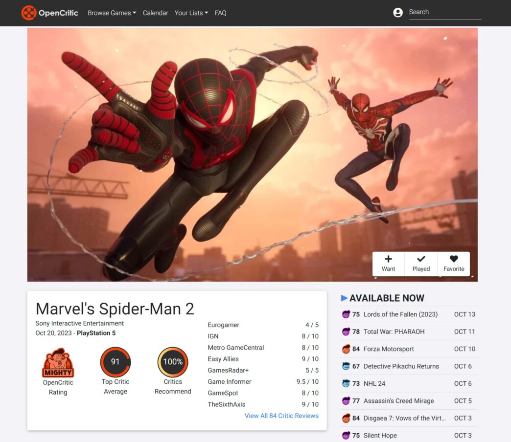 Spider-Man 2 é o jogo da Insomniac com nota mais alta no Metacritic