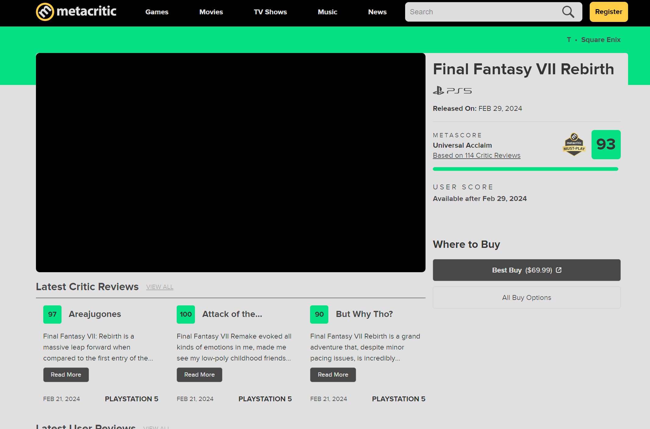 Final Fantasy 7 Rebirth Metacritic