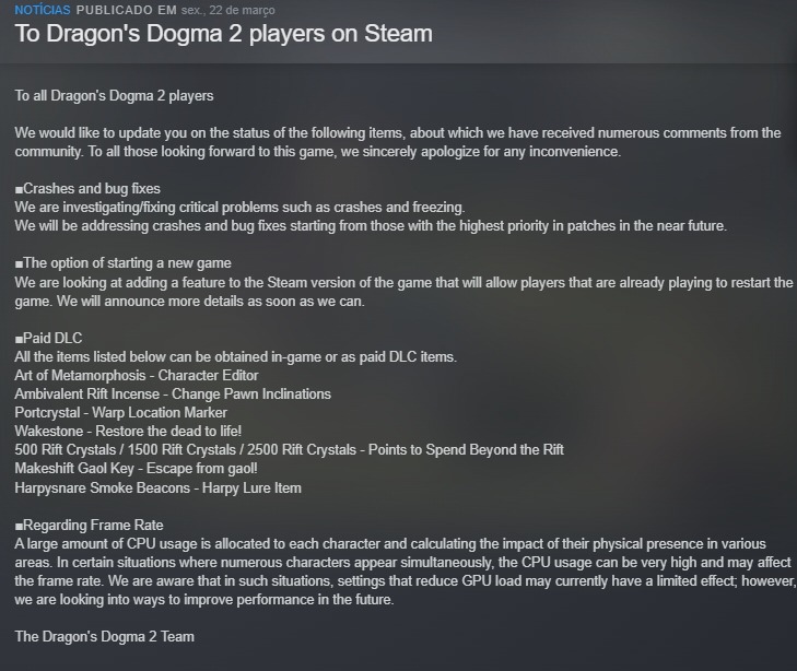 Dragon's Dogma 2 - Capcom ciente de problemas