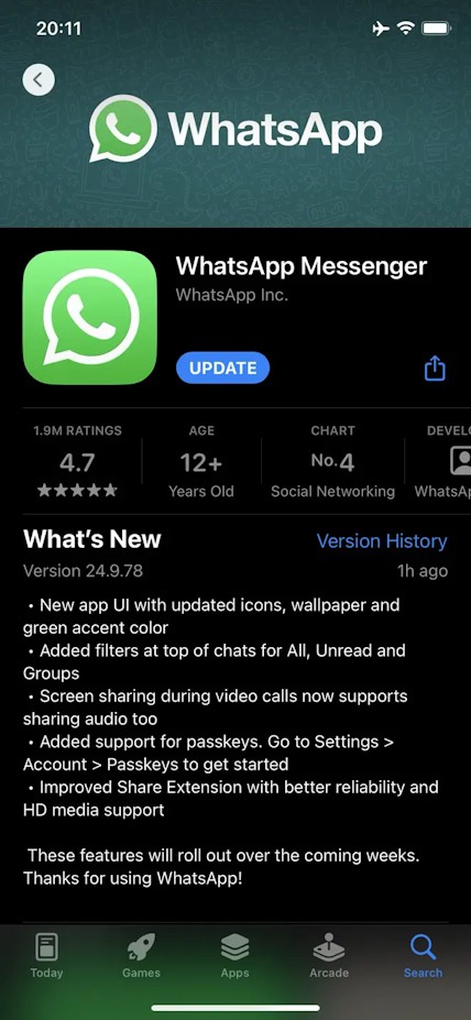 WhatsApp - atualização para iOS