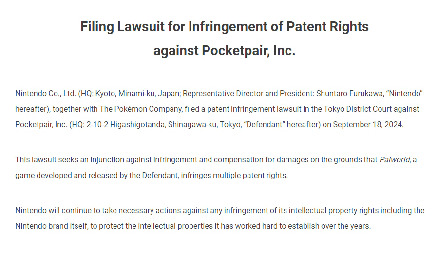 Nintendo processa dev de Palworld