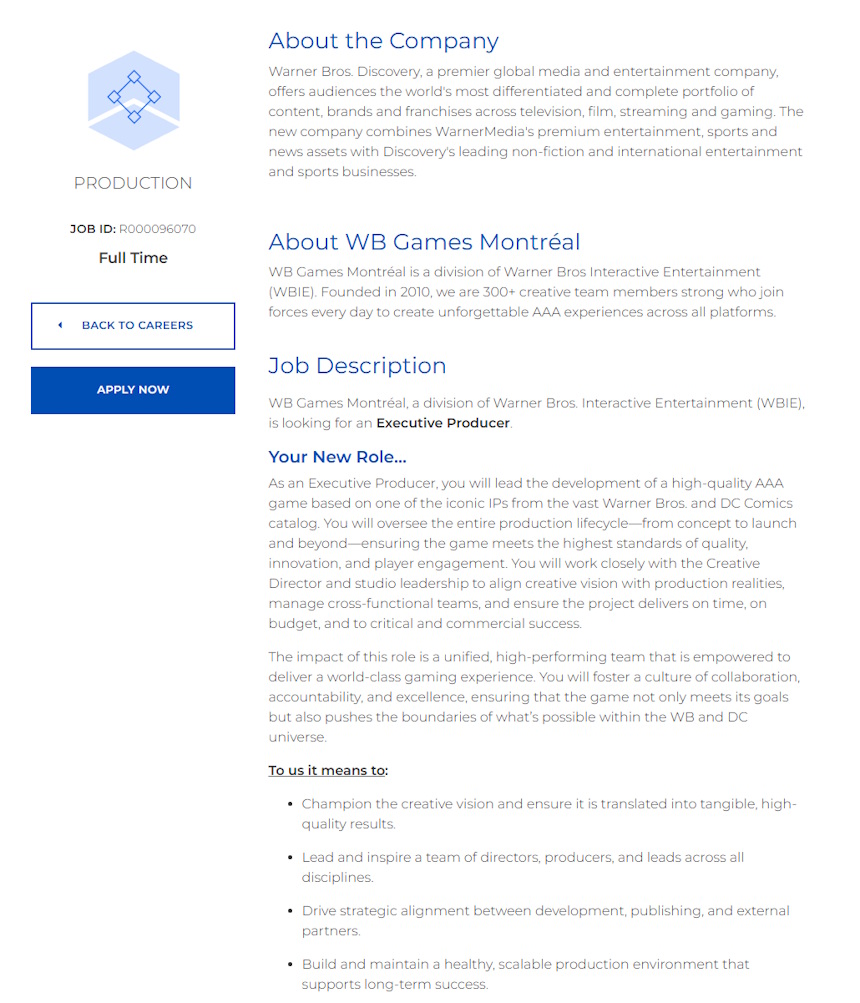 Vaga de Diretor Executivo na WB Games