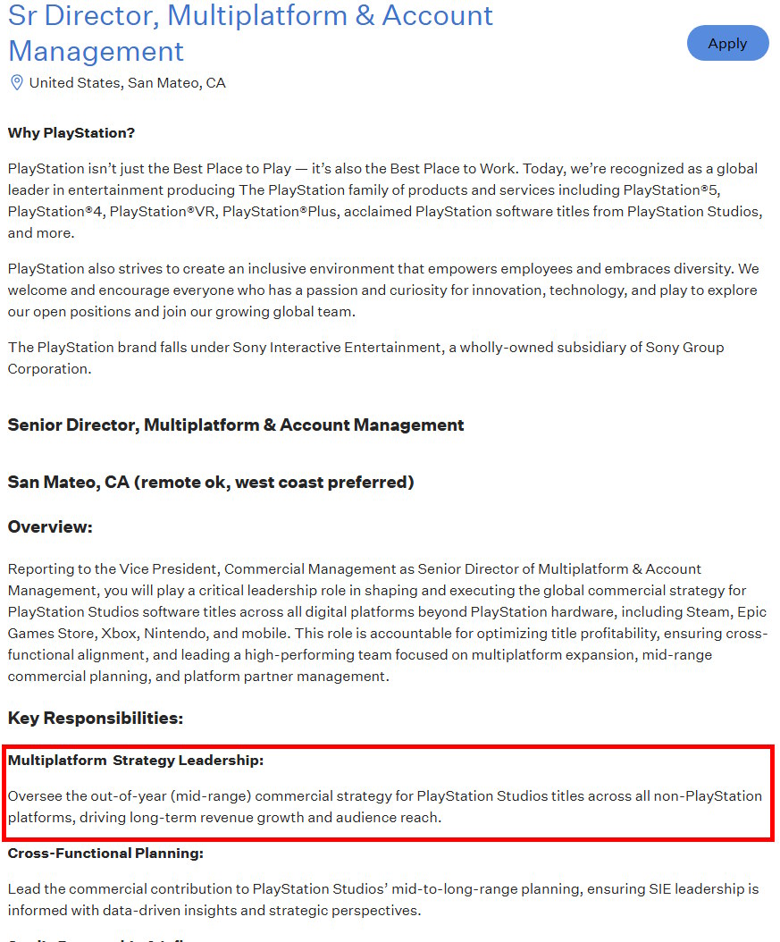 Sony Vaga de emprego na Sony para estratégia multiplataforma