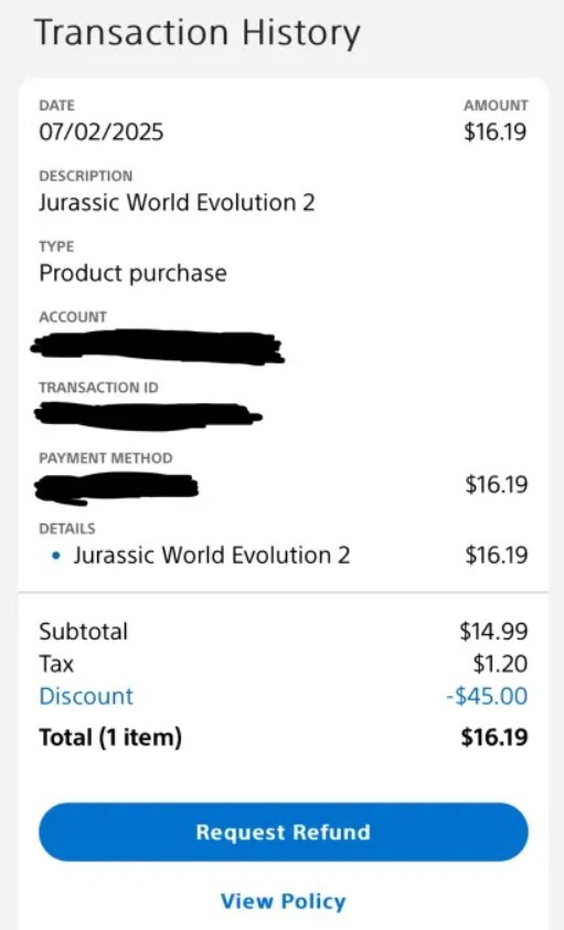 PS Store reembolso exemplo