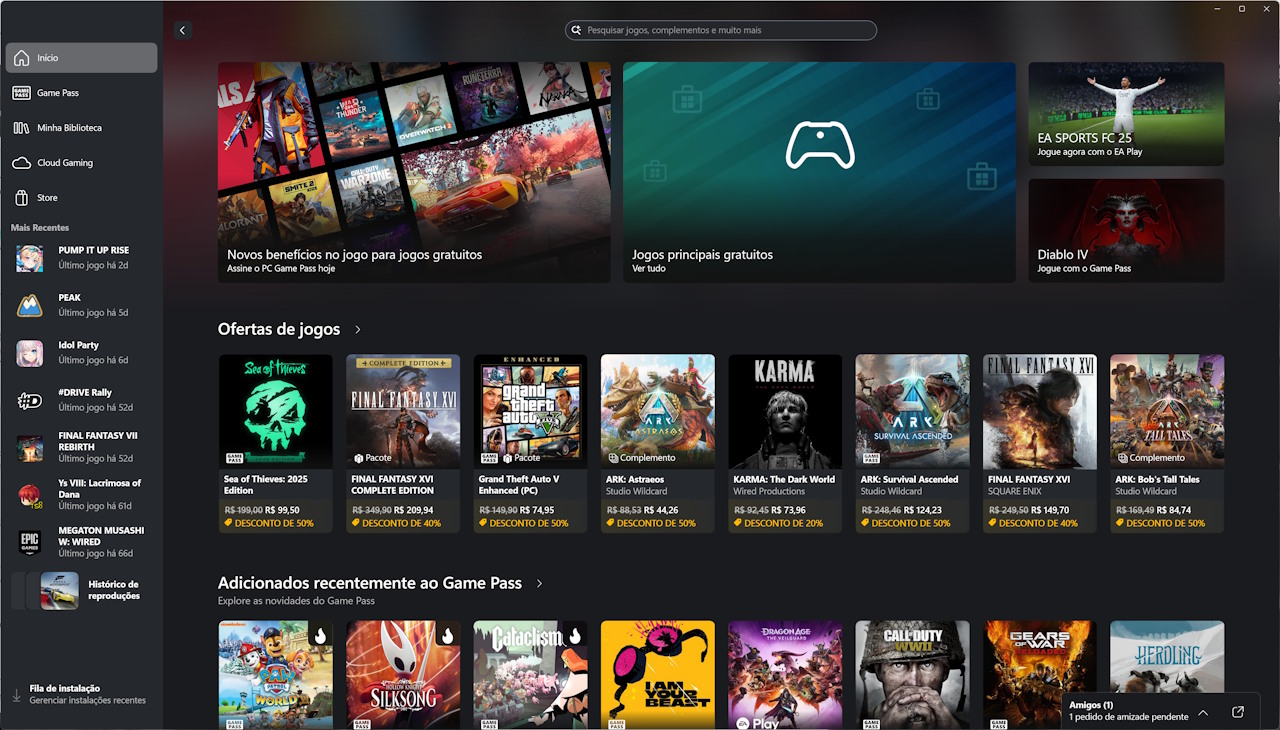 Aplicativo do Xbox com jogos da Steam
