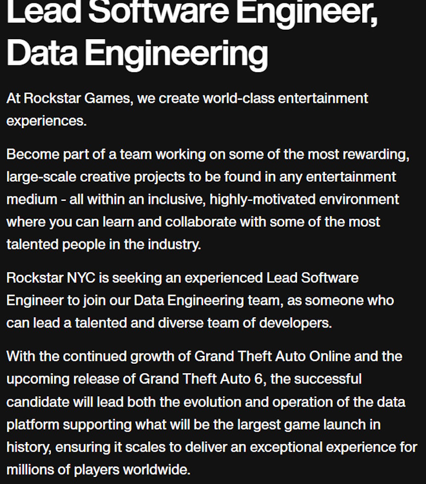 Descrição de vaga para trabalhar em GTA 6