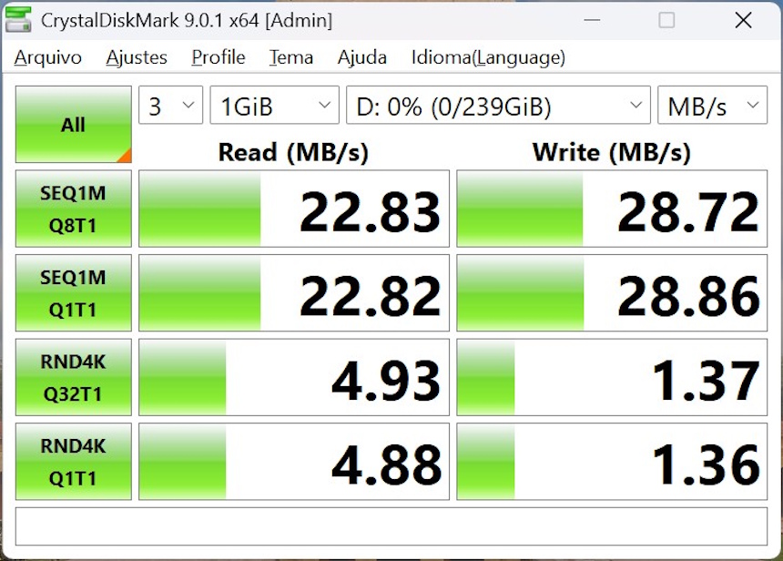 Acer HUB USB ODK360 - teste de velocidade com cartão Micro SD