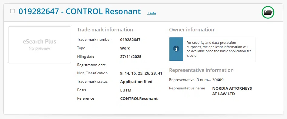 Control Resonant - registro da marca na Europa