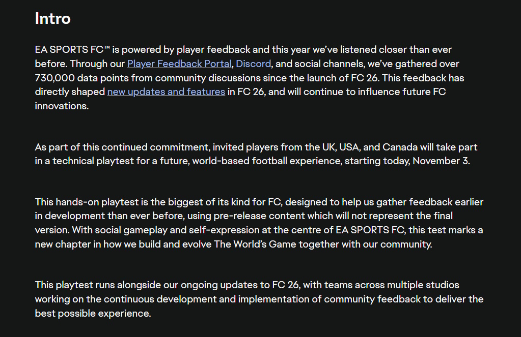 EA Sports FC - comunicado de testes