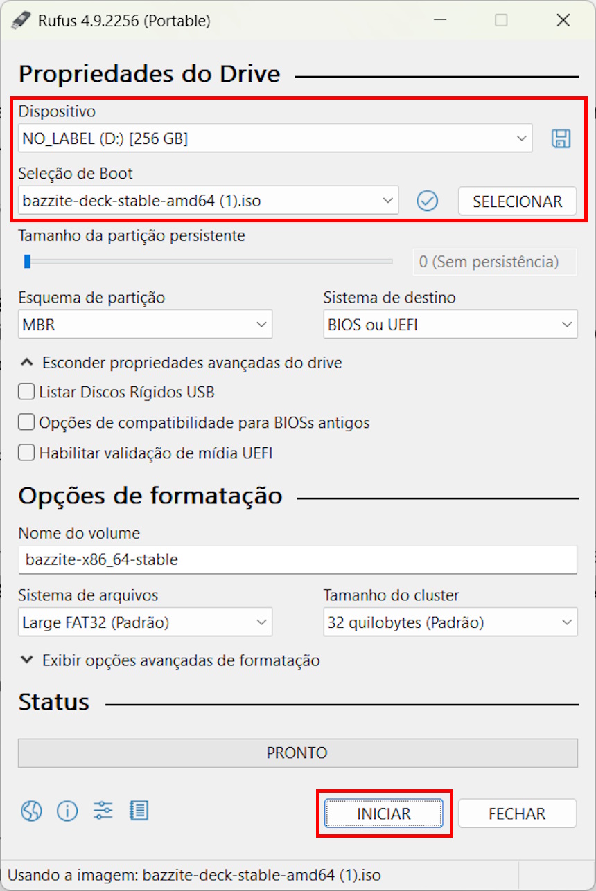 Como colocar o Bazzite no pendrive com o Rufus