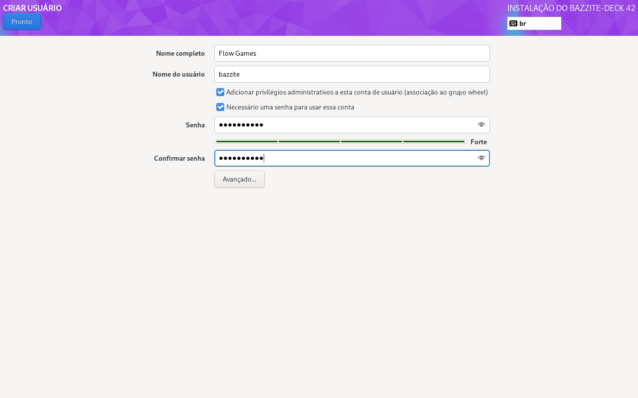 Como instalar o Bazzite - criação do usuário