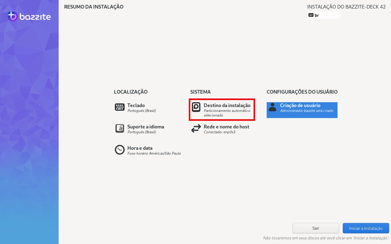 Como instalar o Bazzite - destino da instalação