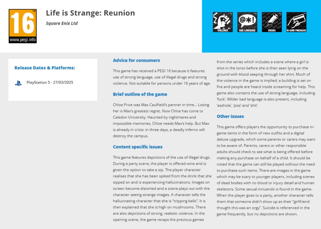 life is strange PEGI classificação Life is Strange Reunion