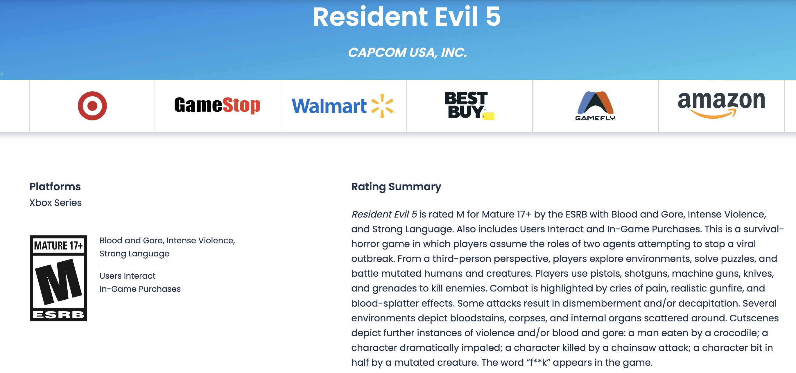 Classificação Resident Evil 5
