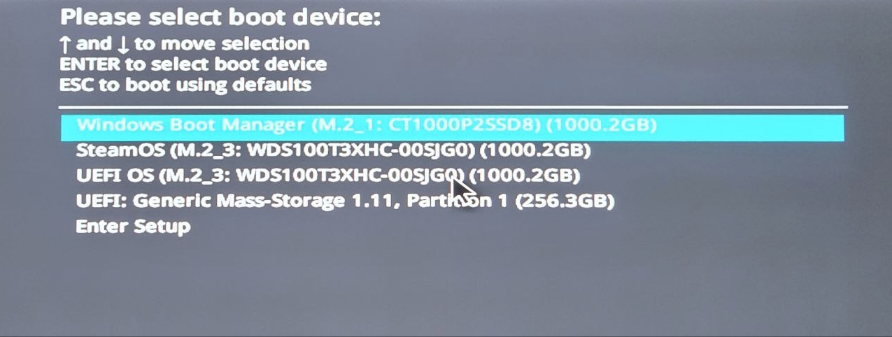 Tela para alternar entre SteamOS e Windows