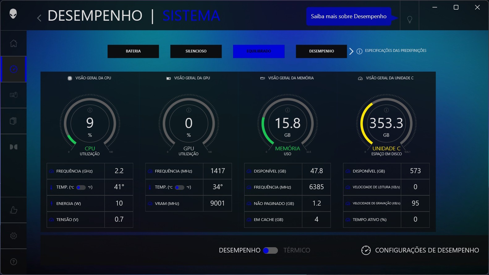 Alienware Area-51 Alienware Area-51 - Alienware Command Center - modos de desempenho