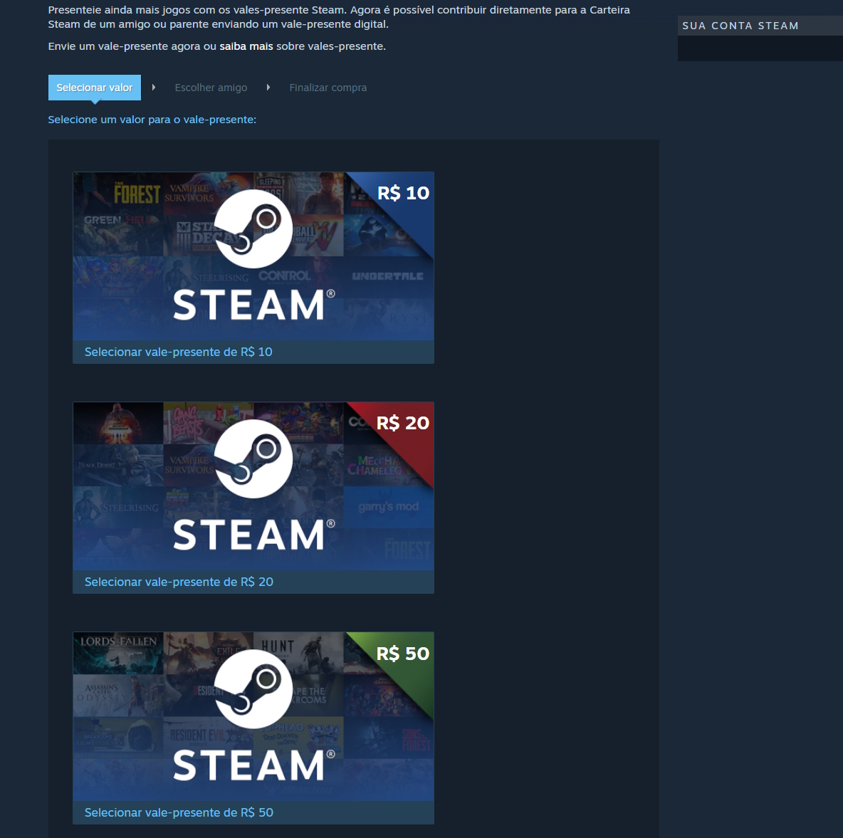 Cartões-presente digitais da Steam