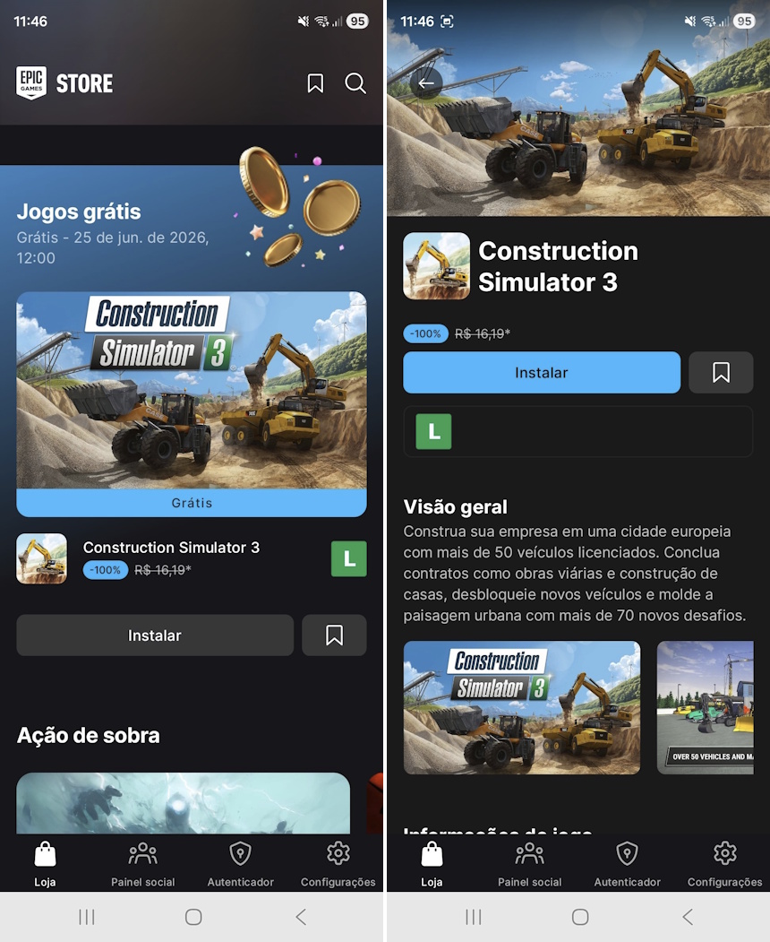 Construction Simulator 3 - jogo de graça na Epic Games Store Mobile