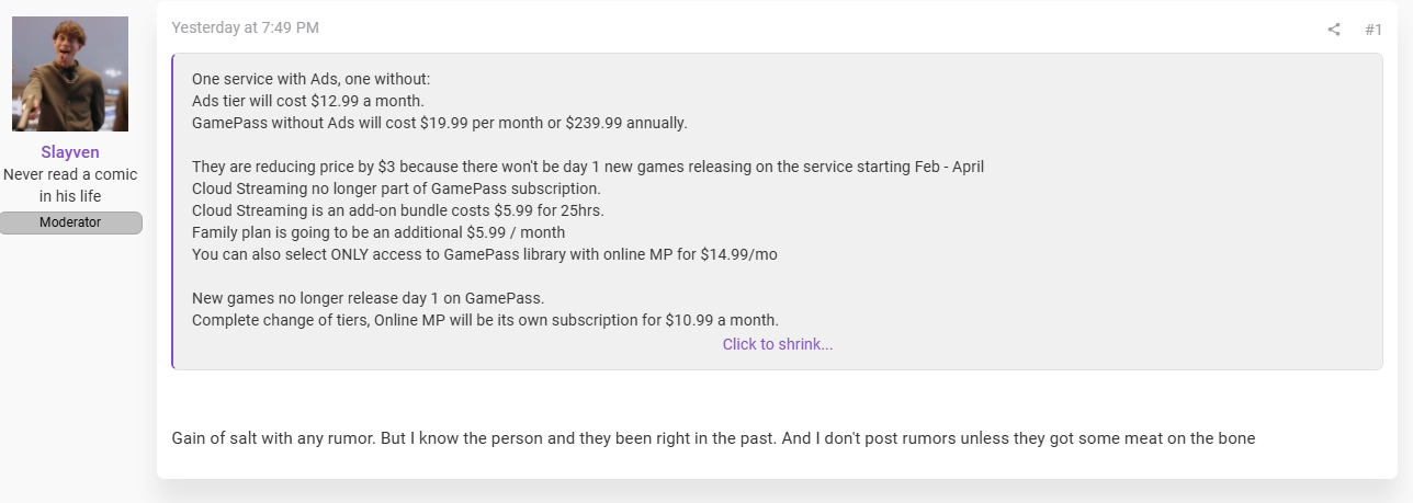 Game Pass Game Pass - rumor do preço