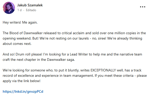 The Blood of Dawnwalker - vaga na Rebel Wolves para sequência